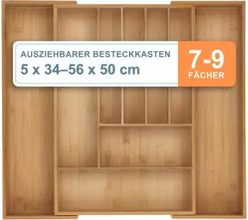 Relaxdays Besteck-Schubladeneinsatz ausziehbar 7-9 F&auml;cher, Bambus, 6x34-56x50cm (10050850)