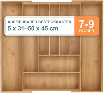 Relaxdays Besteck-Schubladeneinsatz 7-9 Fächer, ausziehbar, Bambus (10050850_8044)