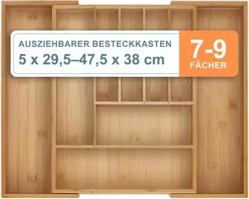 Relaxdays Besteck-Schubladeneinsatz ausziehbar, 7-9 Fächer, Bambus, 5x29,5-47,5x38cm