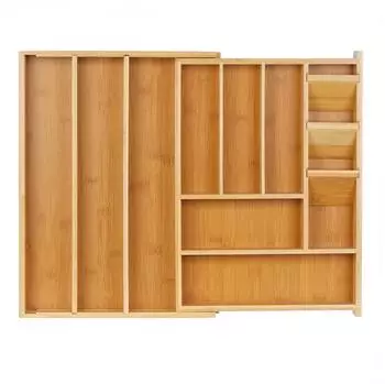 Relaxdays Besteckkasten ausziehbar, 8-11 Fächer, Bambus & MDF, 5,5x32-54x42cm (10050626)
