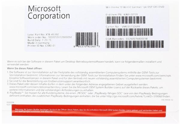 Microsoft Windows 10 Home 32-bit (OEM) (DE) (Box)