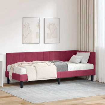 vidaXL Eckbettgestell mit Matratze Weinrot 80 x 200 cm Samt (3393882)