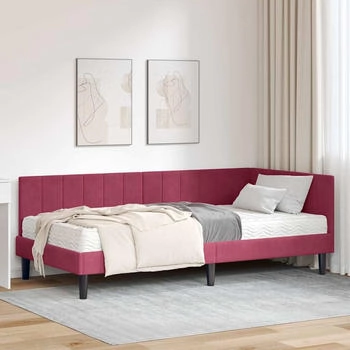 vidaXL Eckbettgestell mit Matratze Weinrot 90 x 200 cm Samt (3393902)