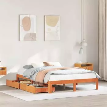 vidaXL Massivholzbett mit Schubladen Wachsbraun 140x200 cm Kiefer (3301966)