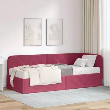 vidaXL Eckbettgestell mit Matratze Weinrot 80 x 200 cm Samt (3394066)