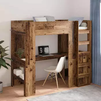 vidaXL Etagenbettgestell mit Schreibtisch Altholz 90 x 190 cm (3410441)