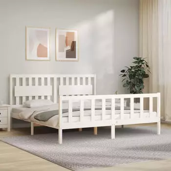 vidaXL Massivholzbett mit Kopfteil Wei&szlig; (3192442)