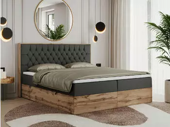 MKS Meble Amore Boxspringbett 180x200 Kunstleder Dunkelgrau, Bettkasten, Eiche-Optik (Amore)