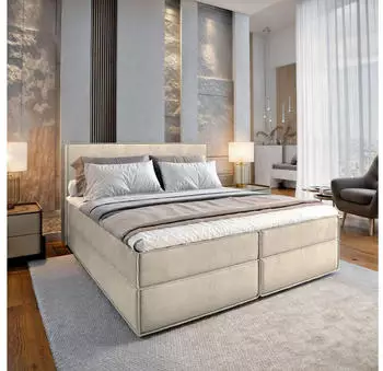 Masseno Pellio Boxspringbett 140x200cm mit Matratze, Topper & Bettkasten, Creme (MONOLITH 04)