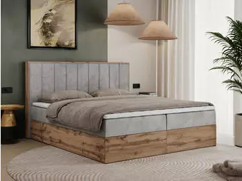 MKS Meble Bellissimo Boxspringbett mit Topper, Eiche Wotan Rahmen, Hellgrau, 180x200cm