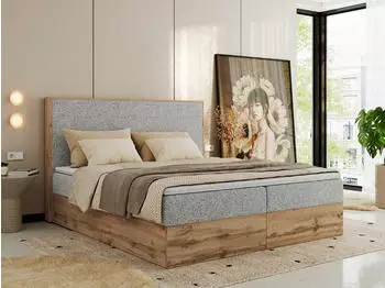 MKS Meble Wood Classic Boxspringbett Set mit Multipocket-Matratze & Topper, 180x200cm, H3, Hellgrau Struktur