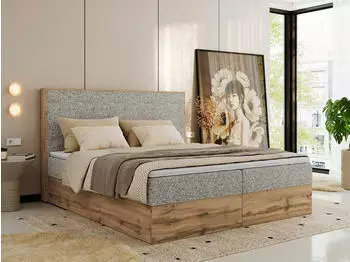 MKS Meble Wood Classic Boxspringbett Set mit Multipocket-Matratze & Topper, 180x200cm, H4, Beige Struktur