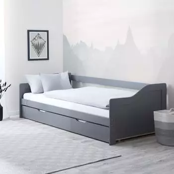 Homestyle4u Ausziehbett 90x200cm Kiefer Massivholz Grau (3080)