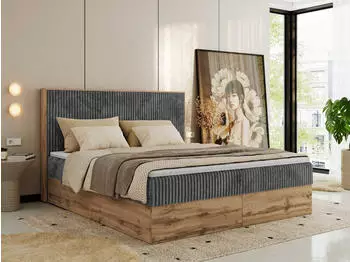MKS Meble Wood Classic Boxspringbett Set mit Multipocket-Matratze und Topper, 180x200cm, H3, Grau Cord