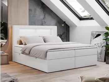 MKS Meble Gold-5 Boxspringbett 160x200 LED Kunstleder Wei&szlig; H3