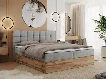 MKS Meble Albero 1 Boxspringbett mit Bettkasten, Eiche Wotan, Hellgrau, 140x200cm