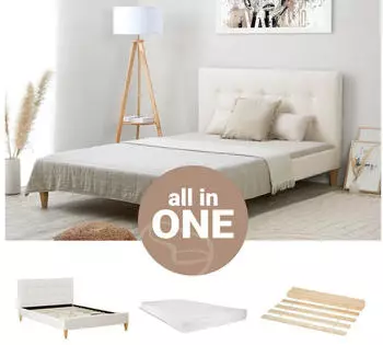 Homestyle4u Polsterbett Boucl&eacute; Beige 140x200cm mit Matratze und Lattenrost (2734)