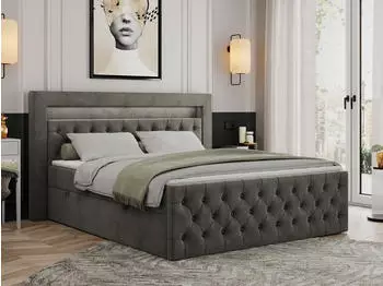MKS Meble Gold-9 Boxspringbett 140x200cm LED Multipocket-Matratze H3 Dunkelgrau Velvet