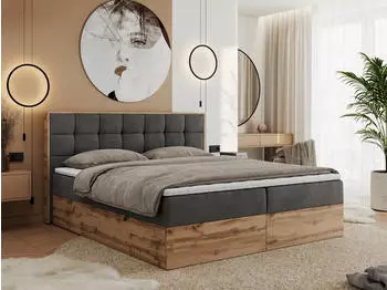 MKS Meble Albero 1 Boxspringbett 180x200cm mit Bettkasten, Eiche Wotan, Dunkelgrau Velvet