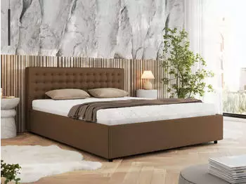 MKS Meble Pavo Classic Polsterbett mit Bettkasten & Lattenrost, Kunstleder Braun, 140x200cm