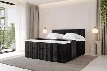 ALTDECOR Tolo King Boxspringbett 160x200cm Cord Schwarz H3+H4 mit Topper und Bettkasten