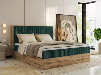 MKS Meble Wood Classic Boxspringbett Set mit Multipocket-Matratze & Topper, 160x200cm, H3, Dunkelgr&uuml;n Cord