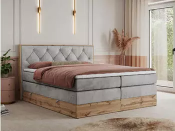 MKS Meble Veneto King Boxspringbett 160x200 mit Bettkasten, Multipocket-Matratze, Hellgrau