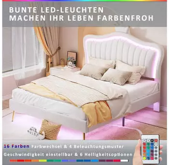 Flieks Polsterbett Krone LED 140x200cm, Kunstleder, Wei&szlig;