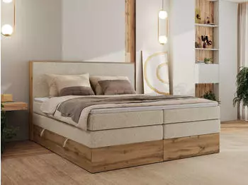 MKS Meble Wood Classic King Boxspringbett 200x200cm, Multipocket-Matratze & Topper T25, Stauraum, Creme