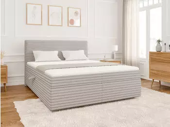 S-Style M&ouml;bel Jasper Boxspringbett Pl&uuml;schcord mit Topper & Bettkasten, Hellgrau, 160x200cm