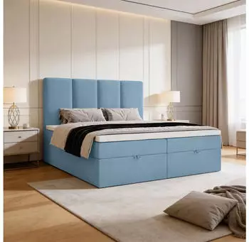 Marpur Malmo Boxspringbett mit Bettkasten, Blau, Velourstoff, 200x200cm