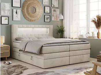 MKS Meble Gold-5 King Boxspringbett mit LED, Bettkasten & Topper, 120x200cm, Beige (H4)