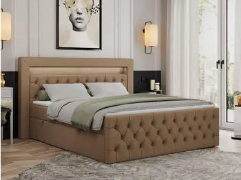 MKS Meble Gold-9 Boxspringbett 200x200cm Kunstleder Braun LED H3-Matratze mit Bettkasten