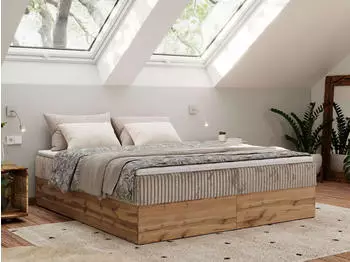 MKS Meble Wood Zero Boxspringbett ohne Kopfteil mit Bettkasten 7-Zonen Holzoptik 160x200cm (Wood Zero)