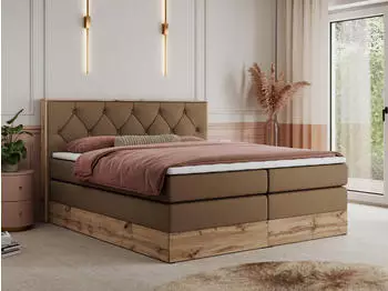 MKS Meble Veneto King Boxspringbett 180x200 Kunstleder Braun, Eiche-Rahmen, zwei Bettk&auml;sten
