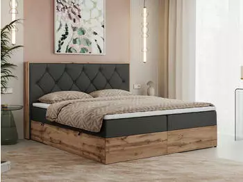 MKS Meble Veneto Boxspringbett 200x200 Kunstleder Dunkelgrau, zwei Bettk&auml;sten, Eiche-Wotan Rahmen