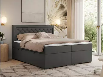 MKS Meble JASIR Boxspringbett 140x200 Kunstleder Dunkelgrau, Multipocket-Matratze H4, Bettkasten