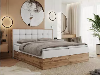 MKS Meble Albero 1 Boxspringbett 160x200 Kunstleder Wei&szlig;, Eiche Wotan, Bettkasten (Albero-1)