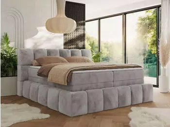 MKS Meble Nira King Boxspringbett 140x200cm mit Bettkasten & Topper, Hellgrau Pl&uuml;sch, H3