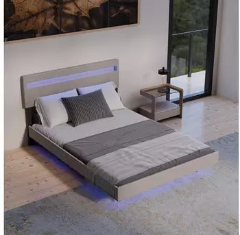 Juskys Lissabon Polsterbett 140x200cm Leinen beige, LED, verstellbares Kopfteil (301573)