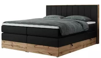 MKS Meble Bellissimo King Boxspringbett 200x200 Kunstleder Schwarz, Eiche-Rahmen, H3, Bettkasten