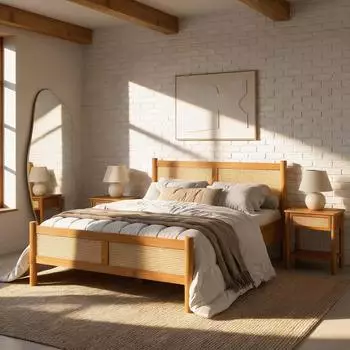 Idimex Cefira Doppelbett 140x190cm Massivholz mit Rattangeflecht, Eiche (71005)
