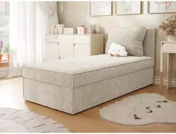 Mirjan24 Posi Boxspringbett mit Bettkasten, Cord, Creme, 90x200cm