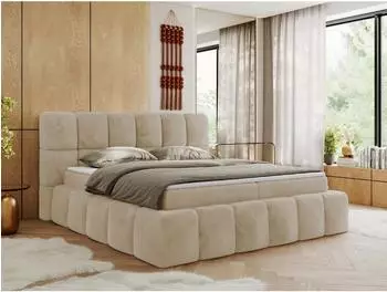 MKS Meble NIRA Boxspringbett 140x200cm, Multipocket-Matratze, Topper, Bettk&auml;sten, creme Pl&uuml;sch