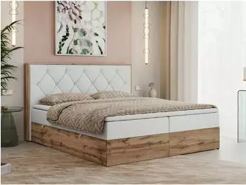 MKS Veneto Boxspringbett 140x200, zwei Bettkästen, Kunstleder weiß, Eiche-Wotan Rahmen