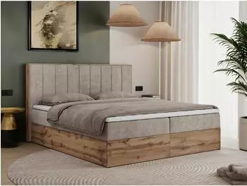 MKS Bellissimo Boxspringbett 180x200 mit Bettkasten, beige, Eiche Wotan (Bellissimo)