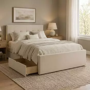 Homestyle4u Polsterbett 140x200 mit 2 Schubladen, beige (3358)