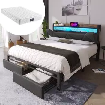 Stilvora Polsterbett mit Stauraum-Kopfteil, 2 Schubladen, LED & USB-C, 160x200cm, grau