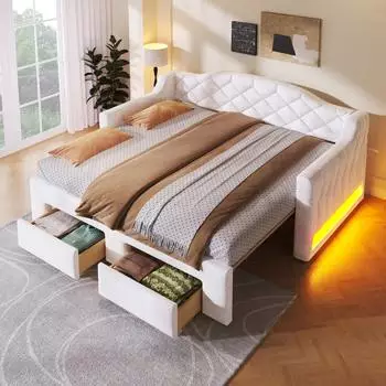 Stilvora Tagesbett 90x200–180x200cm ausziehbar mit 2 Schubladen und LED, weiß