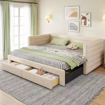 Stilvora Schlafsofa ausziehbar 90/180x190cm Baumwolle-Leinen beige mit 2 Schubladen (KABFR51CVN3WY2AS)
